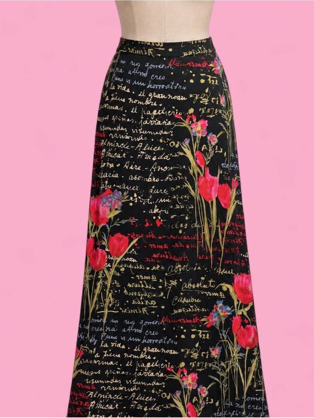 Vintage Mirasol Black Script & Red Floral Maxi Skirt - Size L